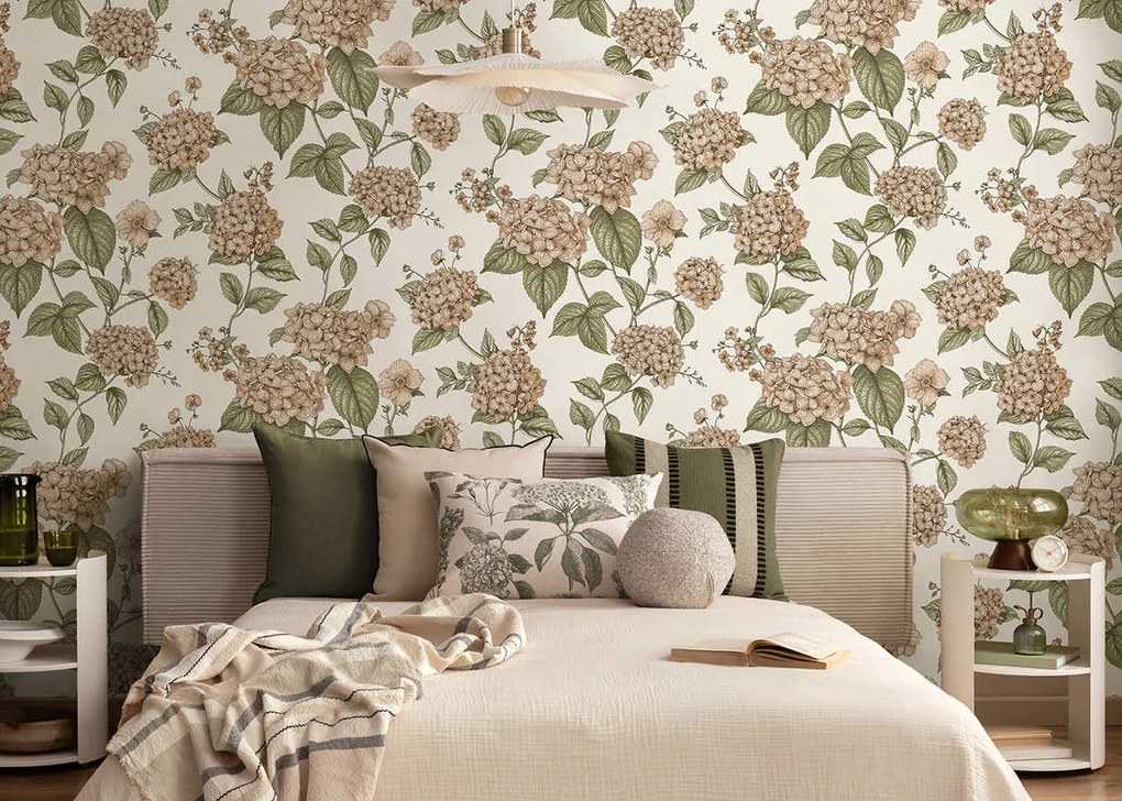 Holden Decor Wanderlust Hortensia korall-zöld virágos vlies tapéta – 92120