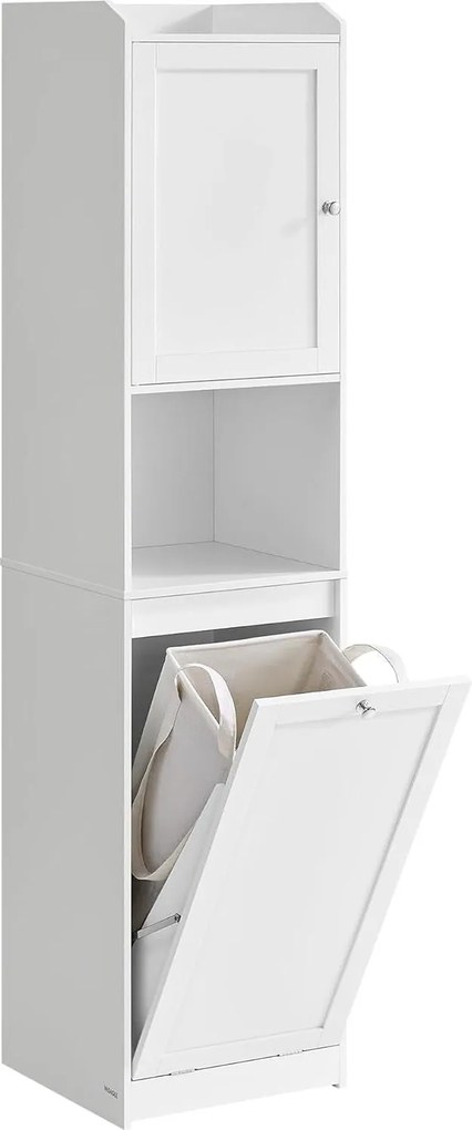 170 cm Magas fürdőszobai szekrény szennyeskosárral, tárolóegységgel, felhőfehér