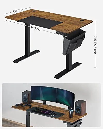 Elektromosan állítható íróasztal komplett, rusztikus barna 140x60x72-120cm
