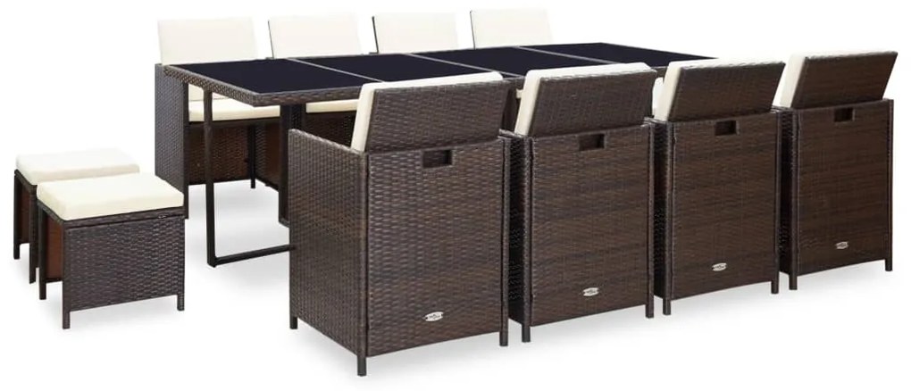vidaXL 13-részes barna kültéri polyrattan étkezőszett párnákkal