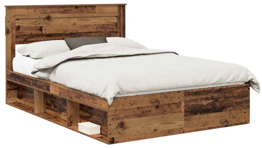vidaXL Ágykeret matracmal fiókkal Öreg fa 150 x 200 cm Tömör fenyőfa
