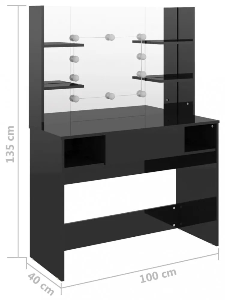 fényes fekete LED-es MDF sminkasztal 100 x 40 x 135 cm