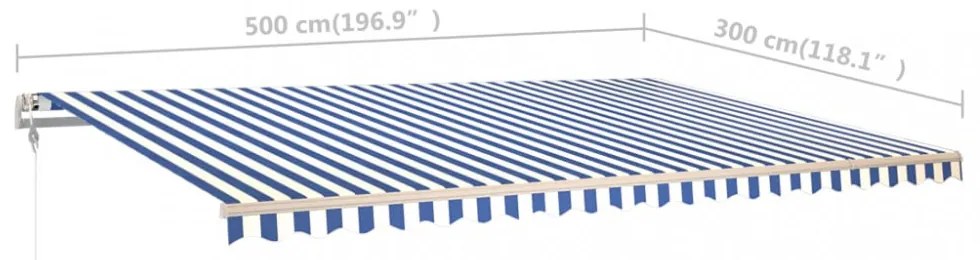 kék és fehér kézzel kihúzható napellenző póznákkal 5 x 3 m