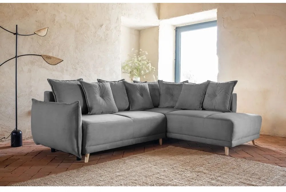 Szürke kordbársony kinyitható sarokkanapé (jobb oldali) Lazy Lukka – Miuform