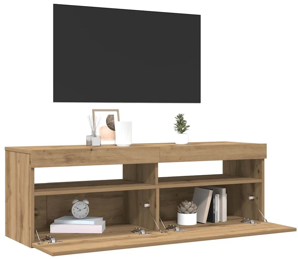 kézműves tölgy szerelt fa TV-szekrény LED-ekkel 120x35x40 cm