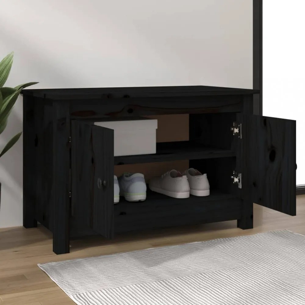 fekete tömör fenyőfa cipősszekrény 70 x 38 x 45,5 cm