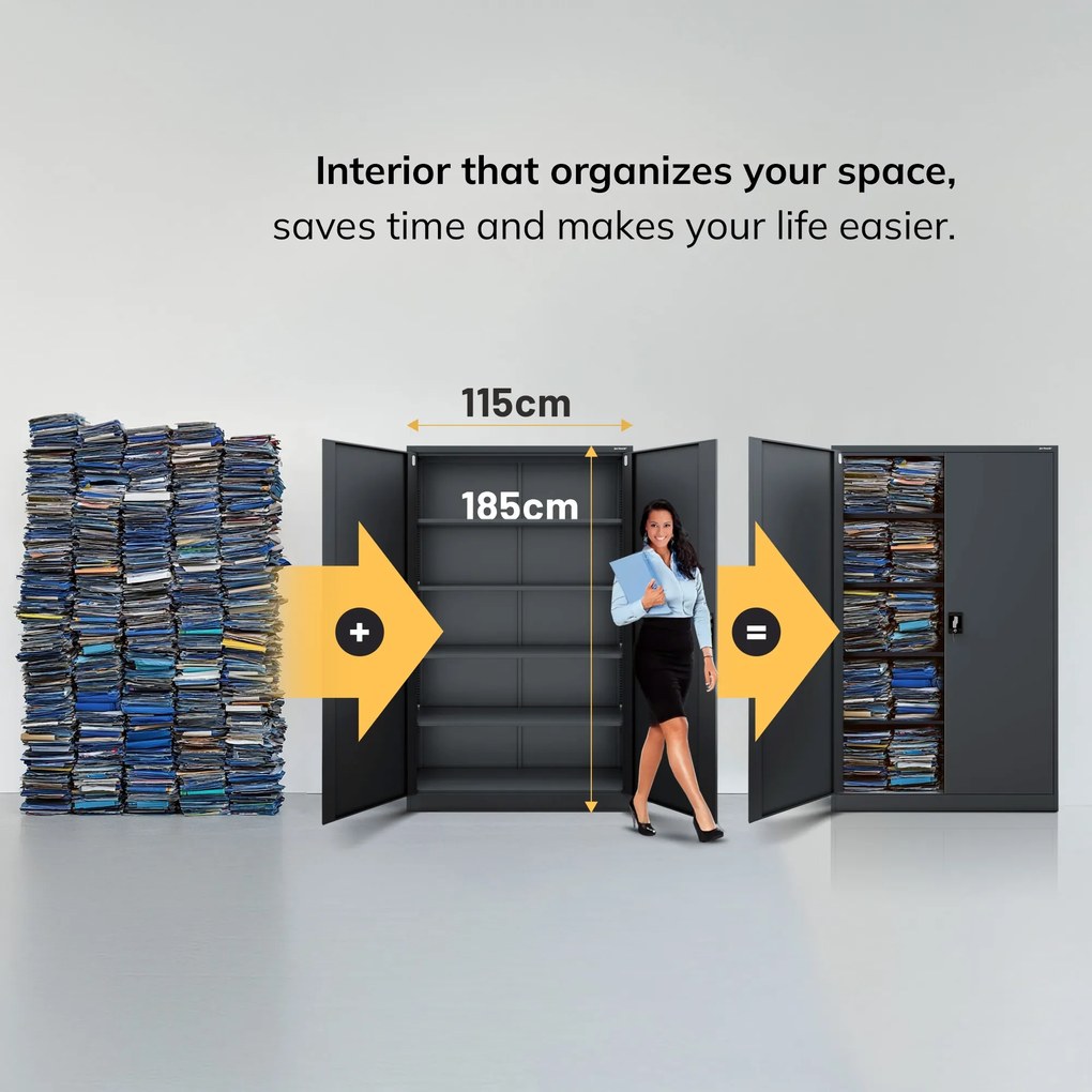 Fém iratszekrény JAN II, 1150 x 1850 x 400 mm, antracit