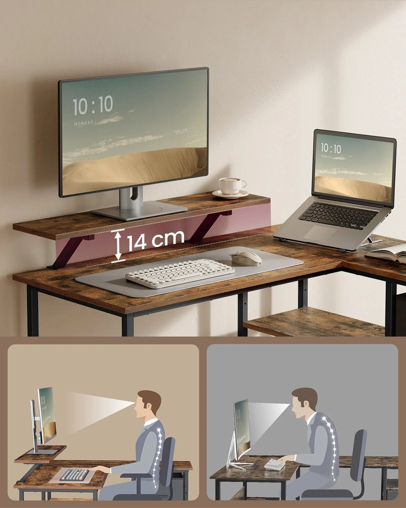 L alakú íróasztal 2 tágas fiókkal, sarokasztal állítható polccal, rusztikus barna