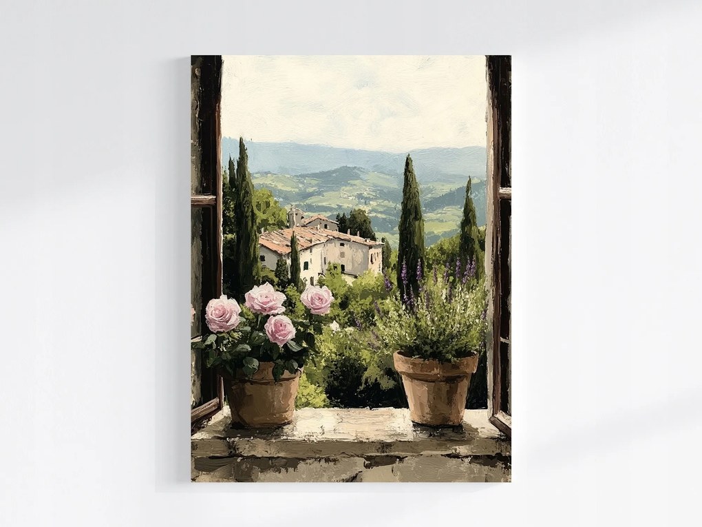 Vászonkép Canvas Ablak Olaszország Toszkána Virágok Rózsák Levendula 60x80