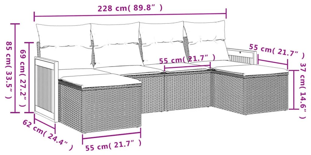 6 részes fekete polyrattan kerti ülőgarnitúra párnákkal