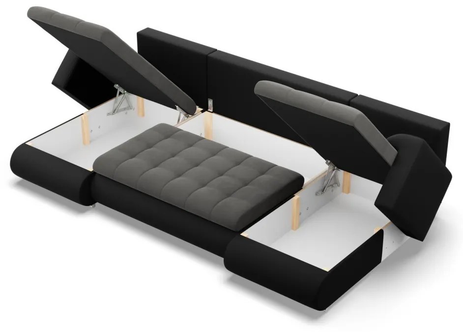 Tokio U alakú sarokkanapé, 3 ágyneműtartóval, bársony + műbőr, univerzális oldal, szürke - fekete