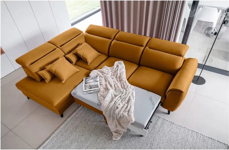 Sárga bársony kinyitható-tárolóhelyes sarokkanapé (bal oldali-L alakú) Noble – ELTAP