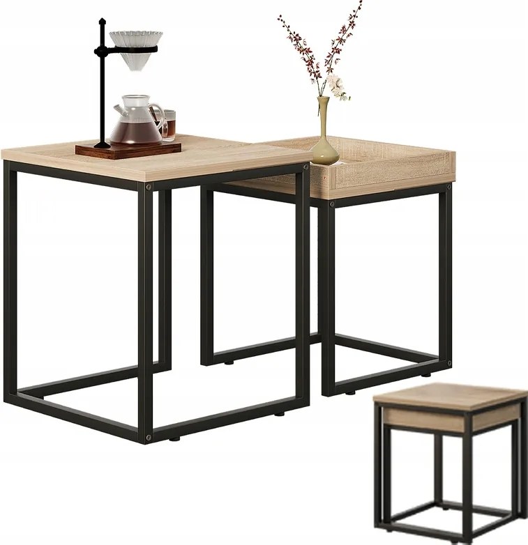 Dohányzóasztal Pad Asztal Szett 2in1 Loft Industrial Világos Barna