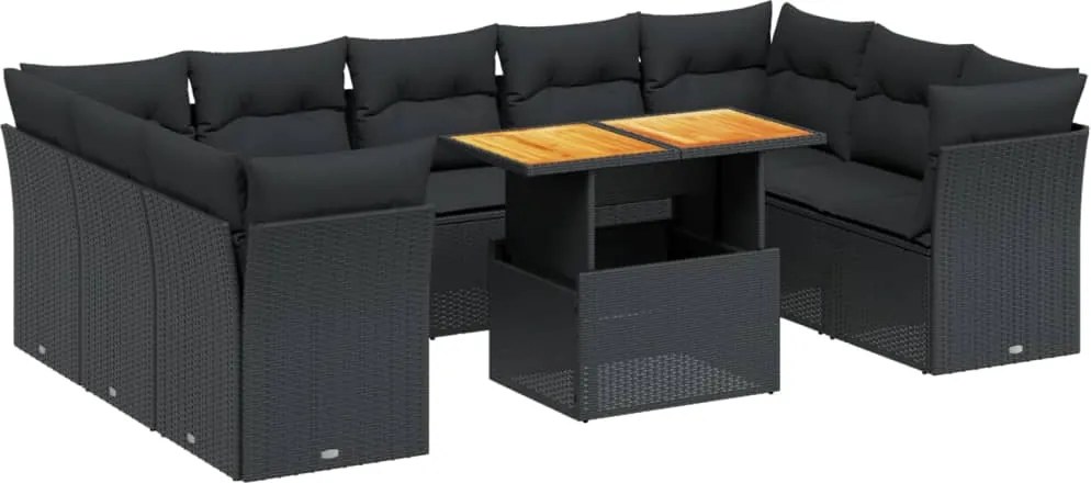 vidaXL 10 részes fekete polyrattan kerti ülőgarnitúra párnákkal