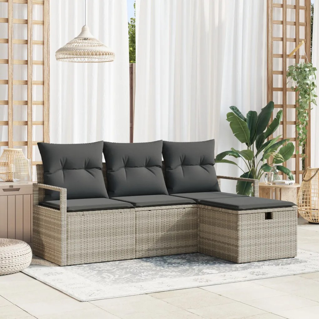 4 darabos kertkanapé szett párnákkal világosszürke poli rattan, 2 üléses kertkanapé tárolóval és párnákkal szürke poli rattan