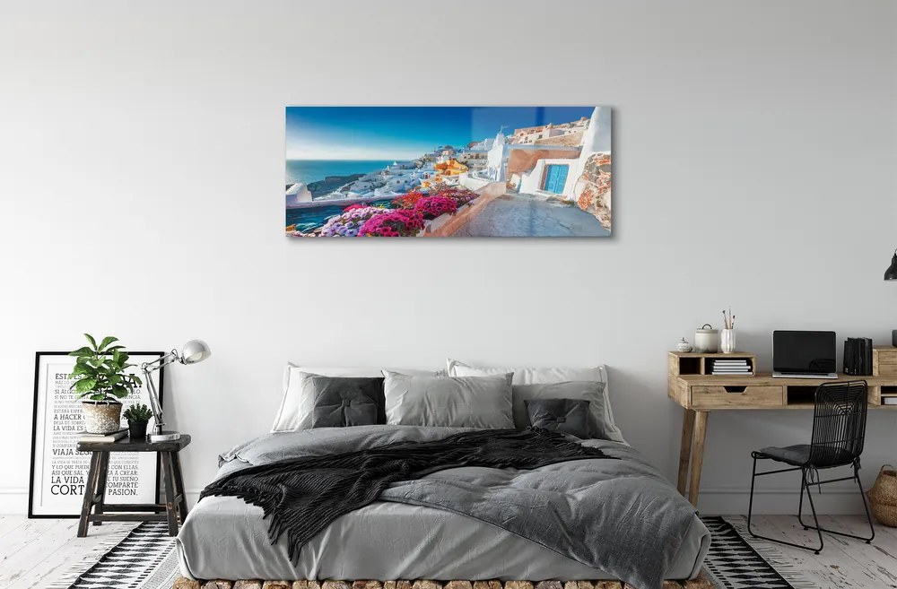 Üvegképek Épületek Görögország tenger virág 125x50 cm