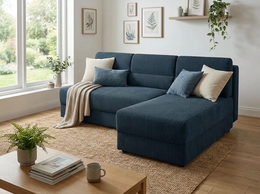 Kihúzható kétoldalas L alakú ülőgarnitúra TAVERO 201x140 cm, sötétkék
