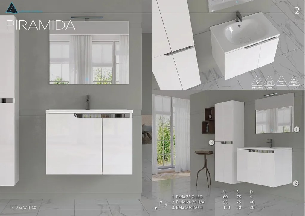 Piramida EURIDIKA fali fürdőszobabútor - műmárvány mosdóval -2 ajtós - 75 x 48 x 53 cm