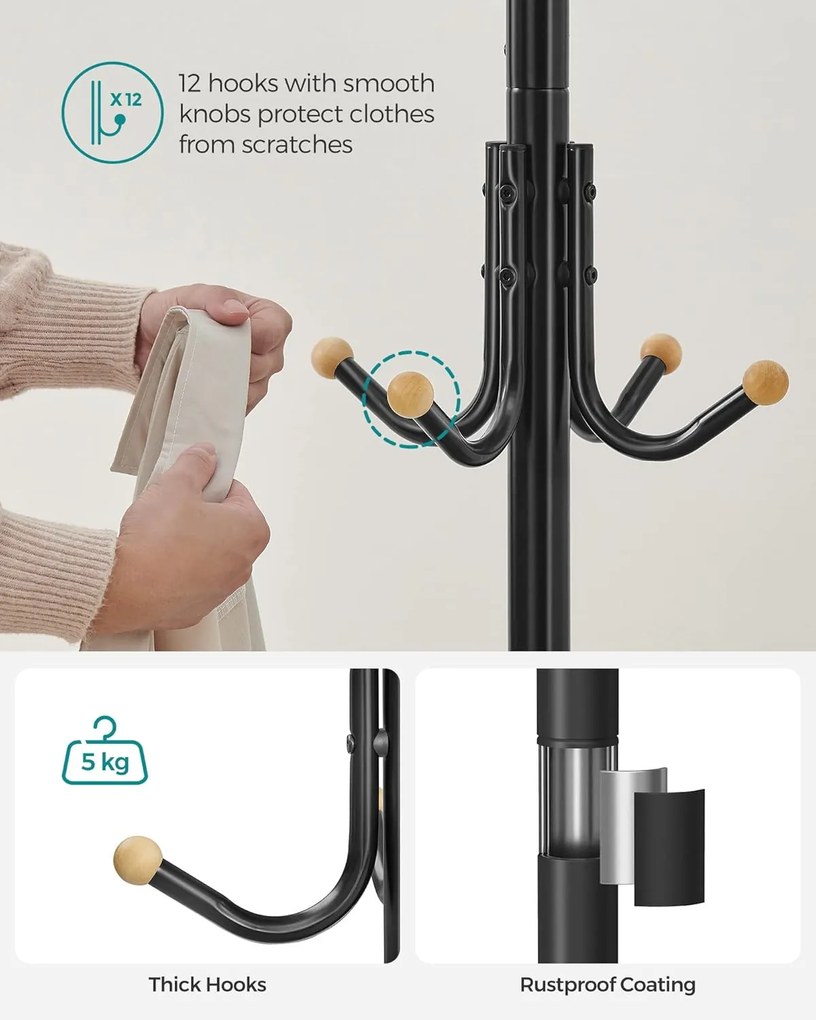 Álló fogas, fém ruhafogas 12 akasztóval, 55 x 55 x 180 cm, fekete