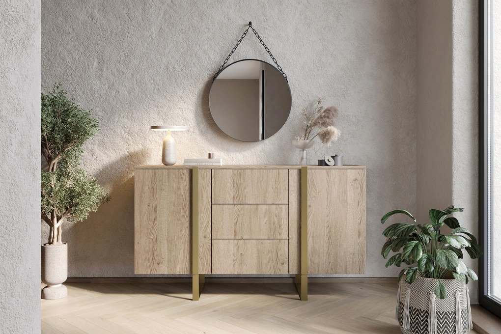 Verica 150 cm-es komód három fiókkal - szivacsos-tölgy / arany lábak