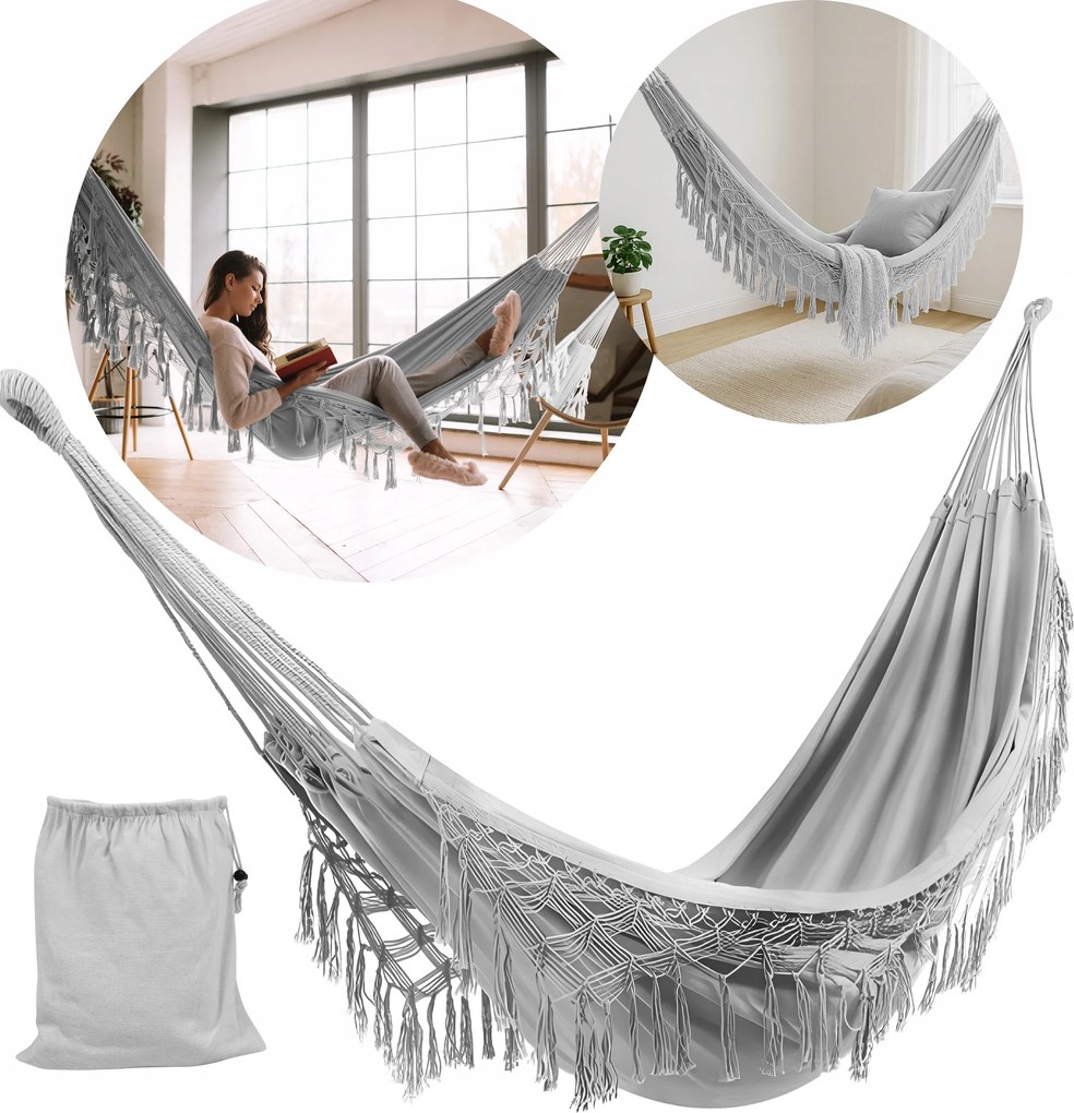 Nagy Kerti Függőágy Boho Rojtos Turista Függőágy Erkélyre Szürke