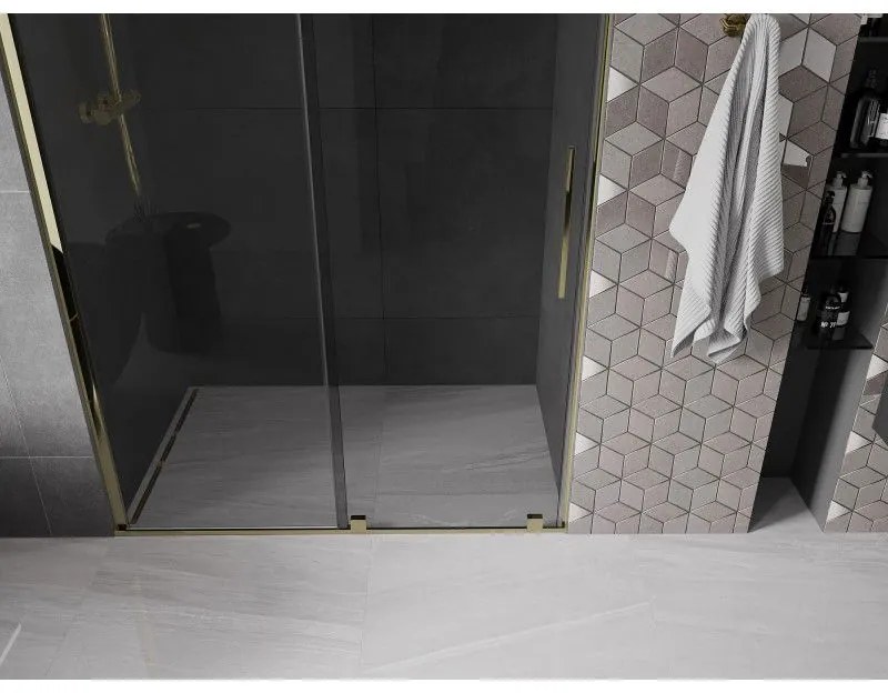 Mexen Velar, tolózuhanyajtó nyitáshoz 130 cm, 8mm szürke üveg, arany fényes, 871-130-000-41-50