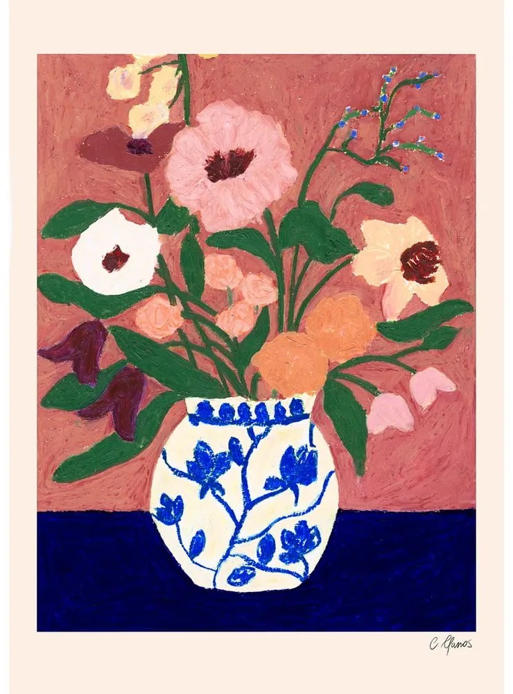 Poszter 30x40 cm Flowers on Blue Table – Carla Llanos – The Poster Club