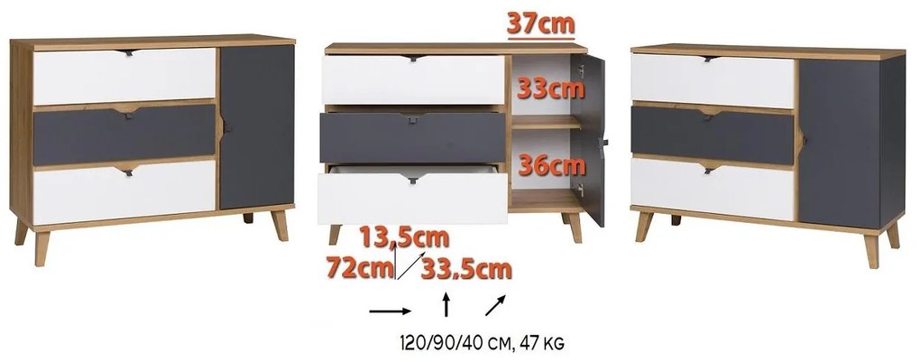 Komód Mimone K1D3SZ (arany tölgy + matt fehér + grafit). 1051784