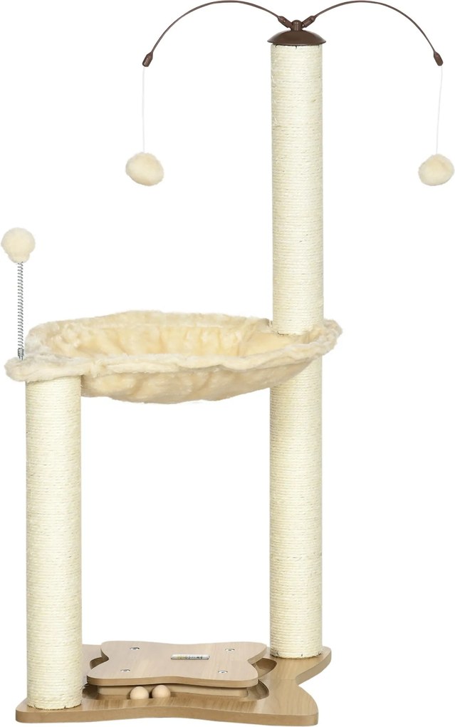 PawHut Macska Kaparófája Függőággyal 90 cm Magas Macska Torony Lógó Forgó Labdákkal Szórakoztató Játékokkal 53.5x53.5x90 cm Bézs | Aosom