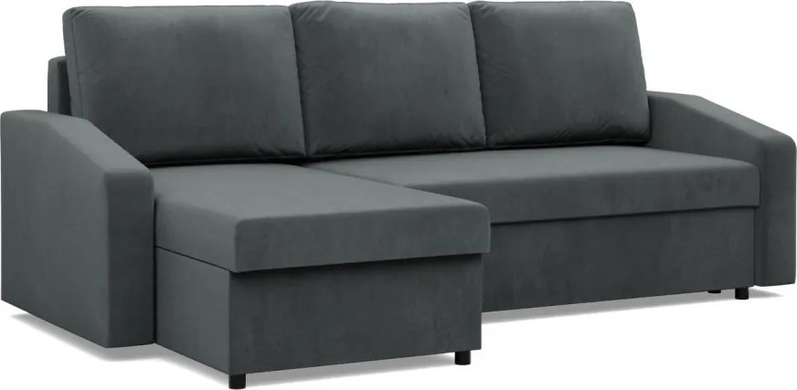 Zeus sarokkanapé, 2 ágyneműtartóval, döntött kartámasz, bársony, univerzális oldal, bonell töltet, szürke