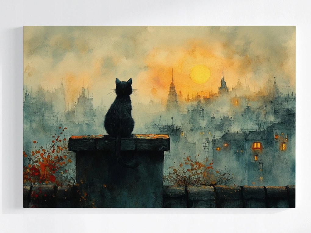 Poszter Város Kilátás Fekete Macska Cica Megfigyelő 120x80
