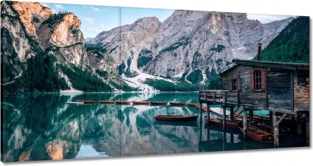 Vászonkép 60x30 Hegyi tó és házikó