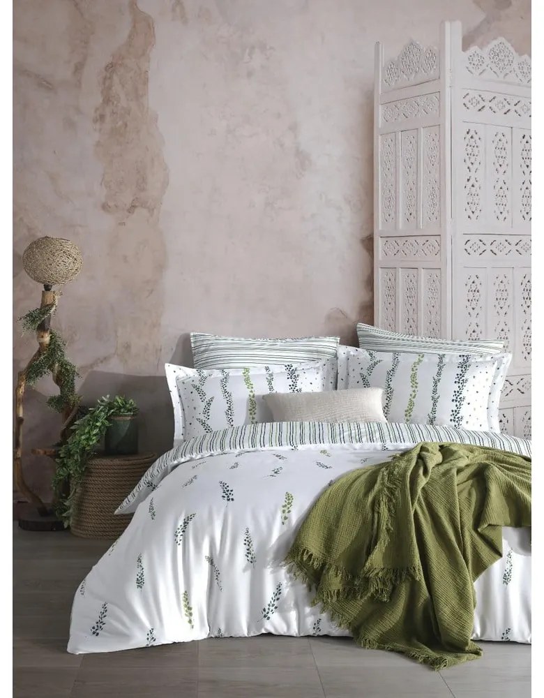 Fehér-zöld egyszemélyes pamut-szatén ágyneműhuzat 140x200 cm Marseille Floral – Mila Home Luxury