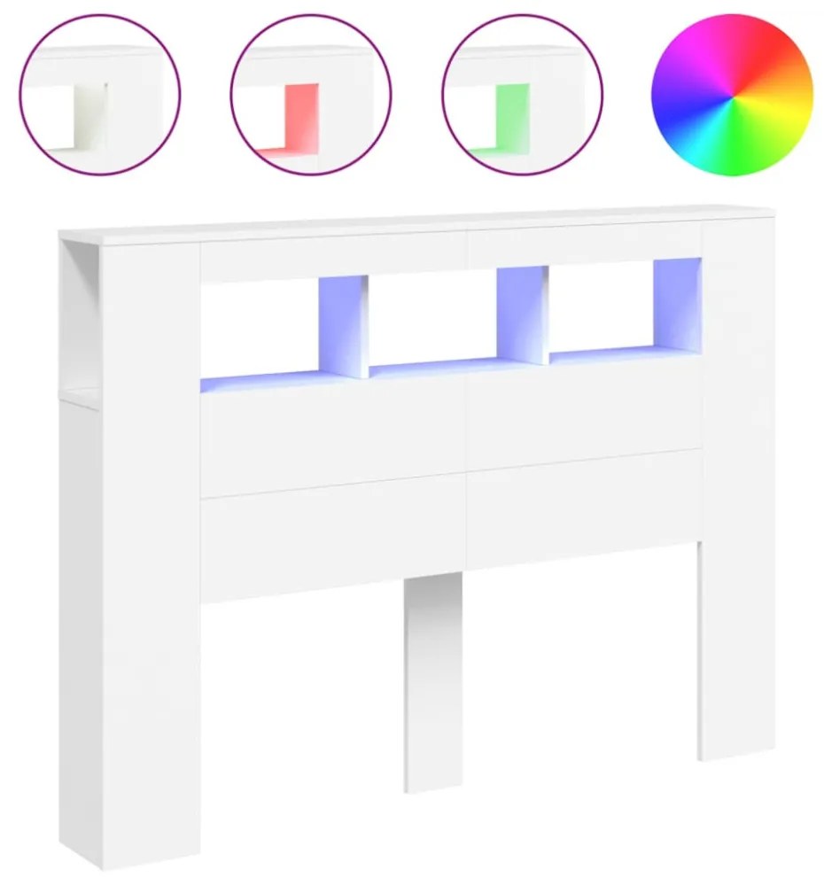 fehér szerelt fa LED-es fejtámla 140x18,5x103,5 cm
