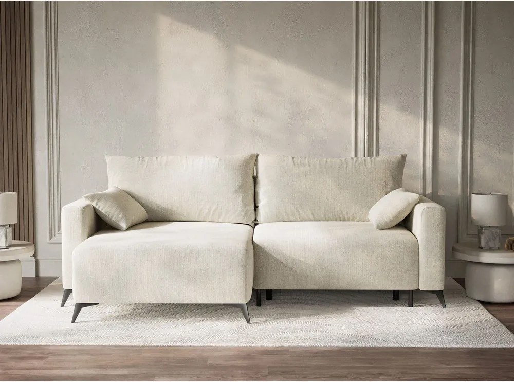 Krémszínű zsenília kinyitható-tárolóhelyes sarokkanapé (bal oldali-heverő résszel) Leon – Maison de Rêve