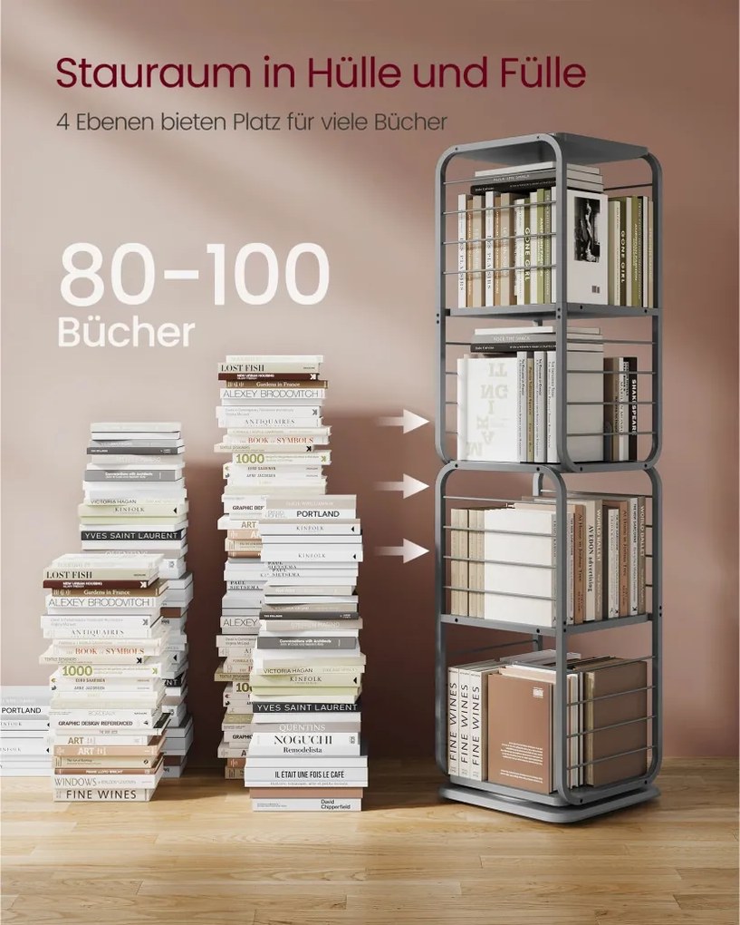 Könyvespolc, 360°-ban forgatható acél polc, 4 szintes, 43x43x158cm