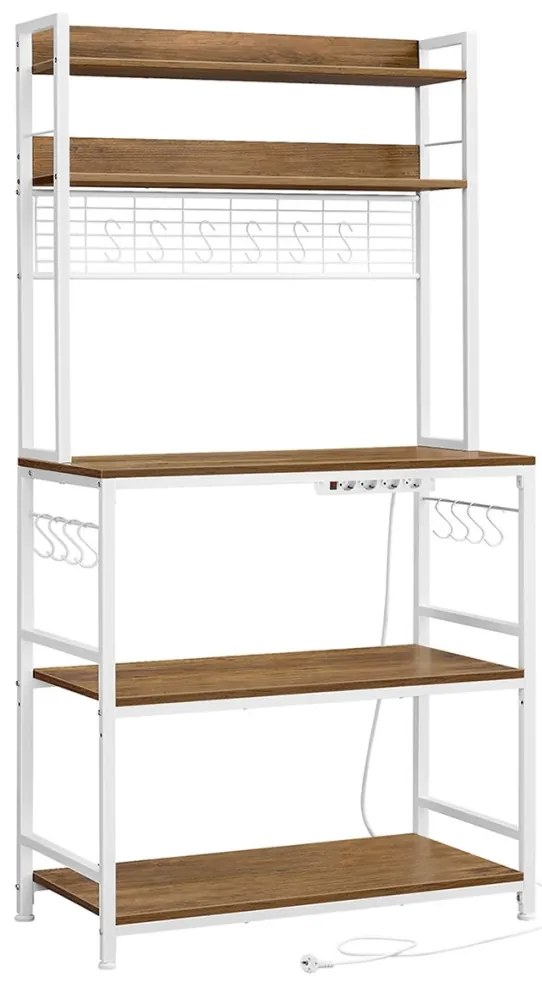 Konyhai állvány polcokkal, 14 akasztóval, rusztikus barna, fehér és 80x40x170cm