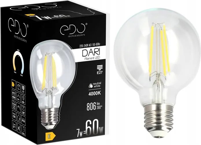 Edo Dekoratív Led izzó E27 7W 60W 4000K Semleges Filament Globe 806lm G80