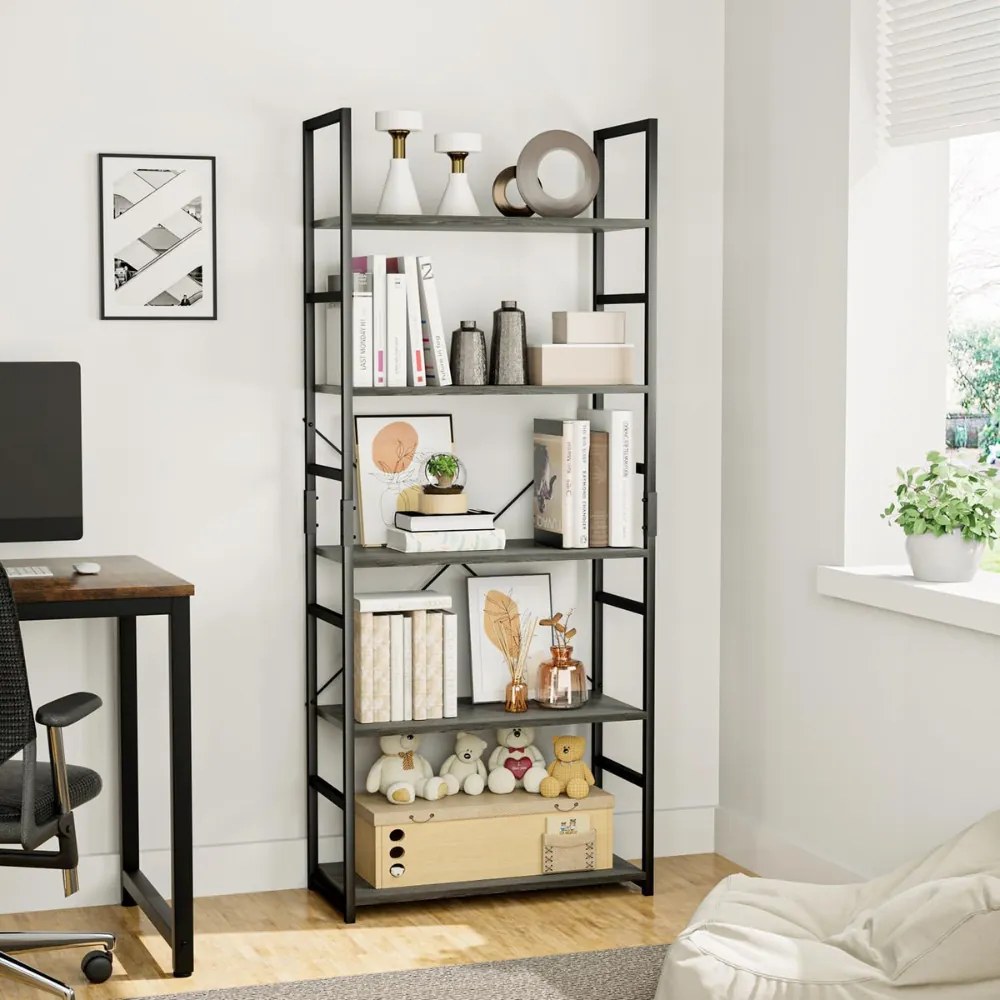 Fekete 5 szintes nyitott könyvespolc, tároló állvány fém lábakkal - 59x144cm Intenso