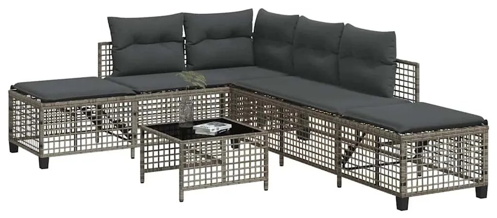 3 részes szürke polyrattan kerti sarokkanapészett párnákkal