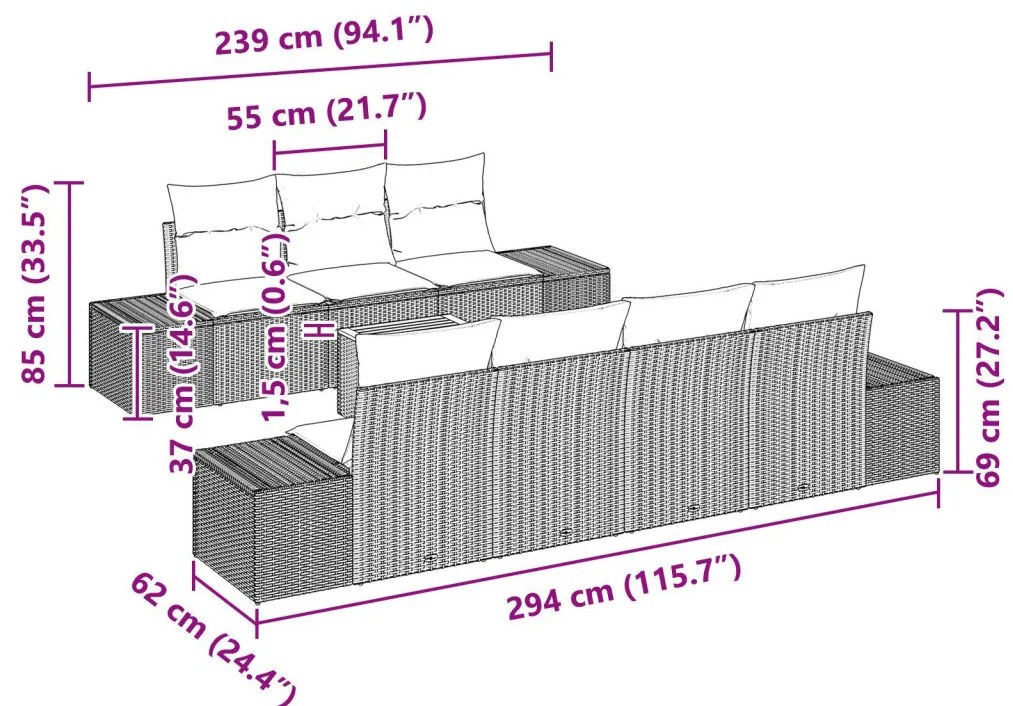 8 Darabos Kerti Sofa Szett Párnákkal Bézs Poli Rattan Akáciával