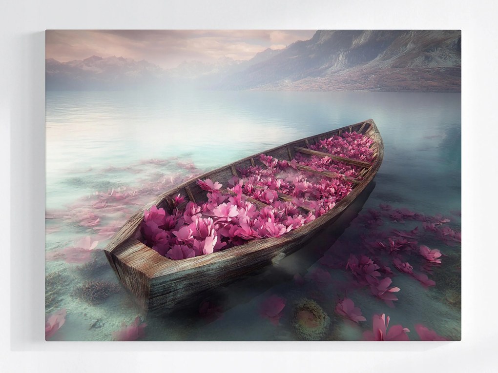 Vászonkép Canvas Hegyek Tó Csónak Virágok Álom Fantázia 100x75