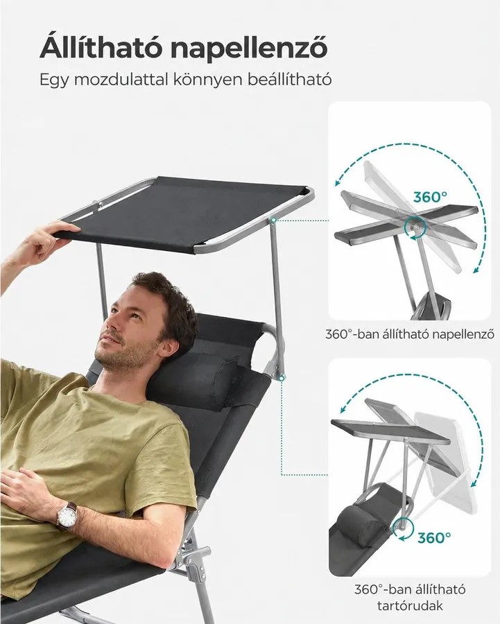 Összecsukható napozóágy napellenzővel 53 x 193 x 29,5 cm, 150 kg-ig terhelhető, sötétszürke