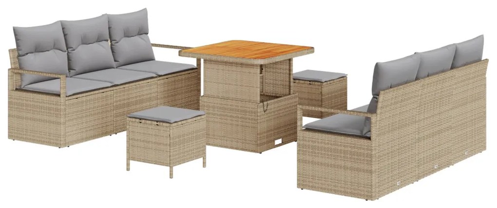 9 darabos Kert Sofa Szett Párnákkal Bézs Poli Rattan Akácia
