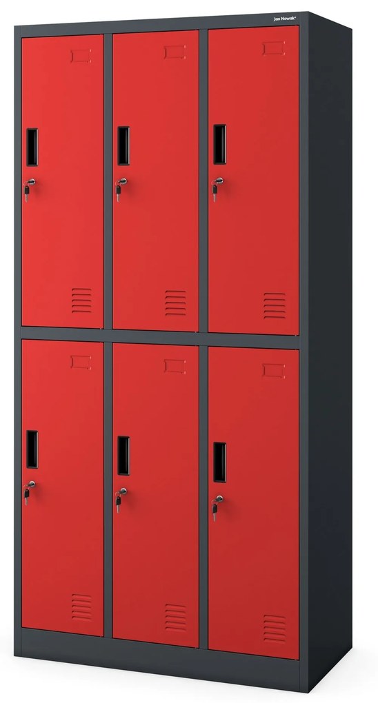 Fém öltözőszekrény 6 rekeszes IGOR, 900 x 1850 x 450 mm, antracit-piros