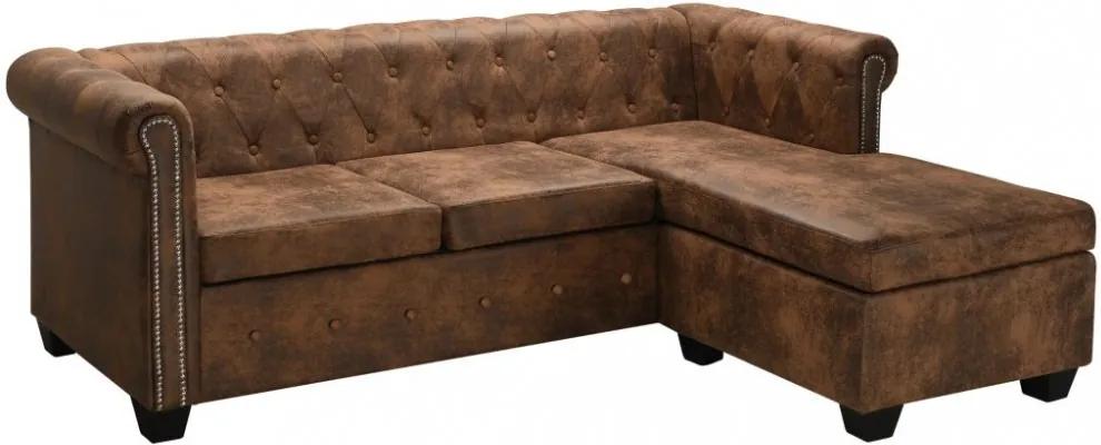 L-alakú barna művelúr chesterfield kanapé
