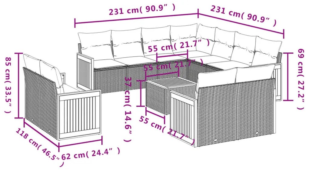 12 részes szürke polyrattan kerti ülőgarnitúra párnákkal