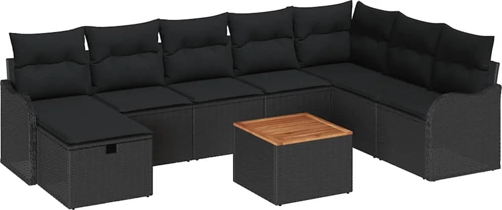 vidaXL Kerti Kanapé Szett párnával tárolóval 9 pcs Fekete polirattan