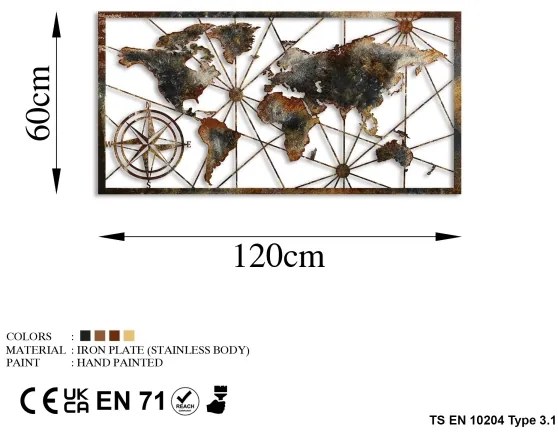 Fali dekoráció 120x60 cm világtérkép fém