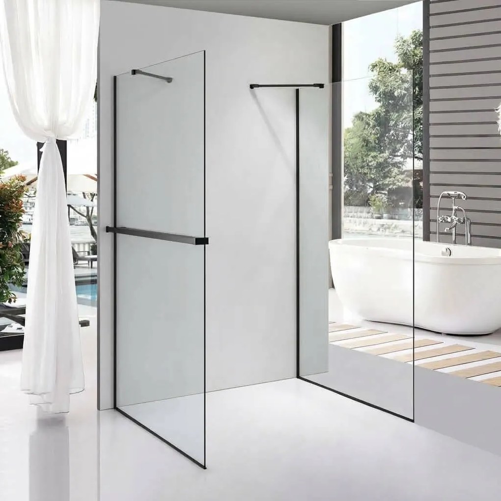 Stuxi Milano Gate Black Plus 1 falsíkra szerelhető, két oldalfalas walk-in zuhanyfal, 70x90 cm, 8 mm vastag vízlepergető biztonsági üveggel, helytakarékos sarokmerevítőkkel